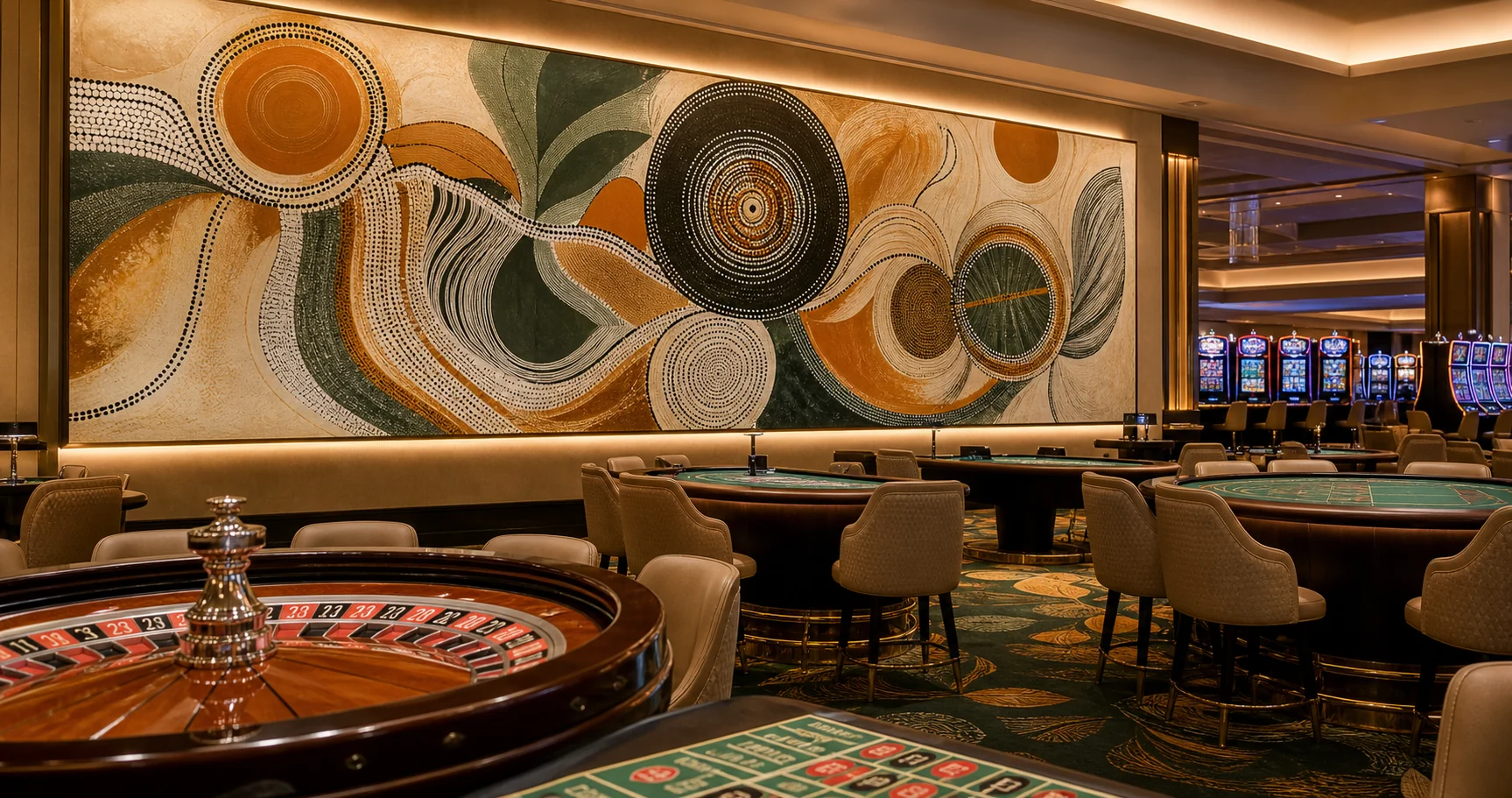 Large commissioned artwork overlooking roulette and blackjack tables in a casino