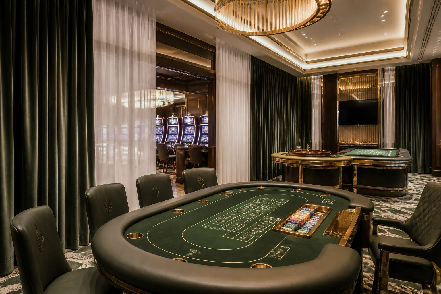 Velvet drapery around a private casino room with baccarat, roulette and slot machines