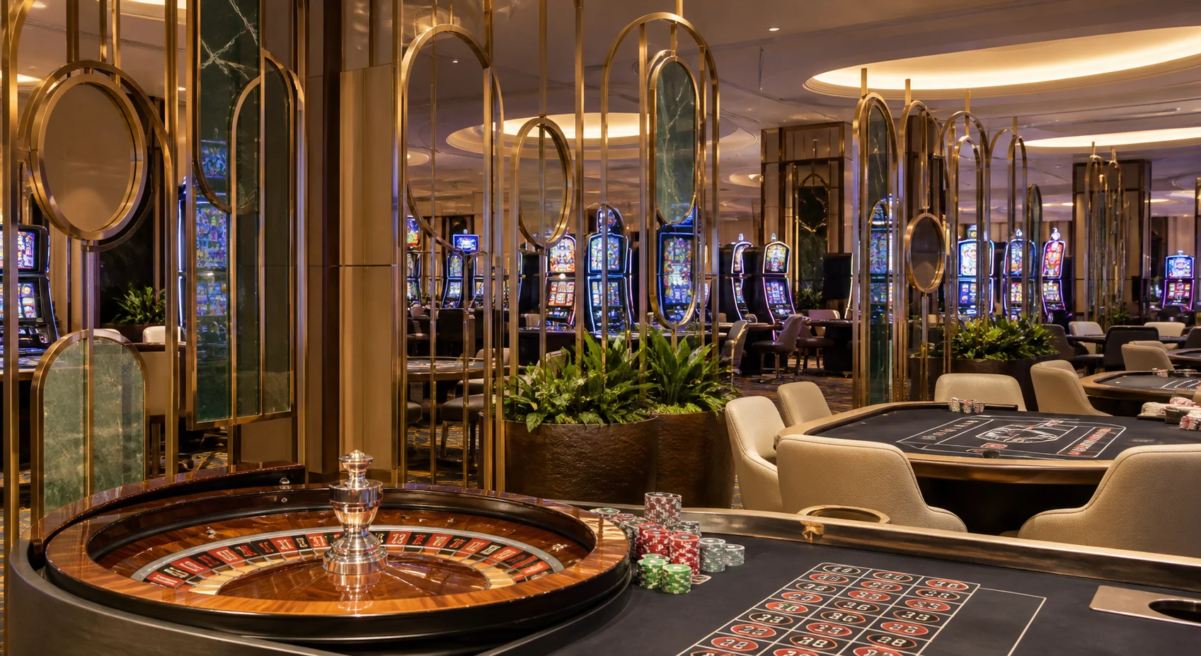 Brass screens, mirrors and planters integrated around roulette and slot-machine zones