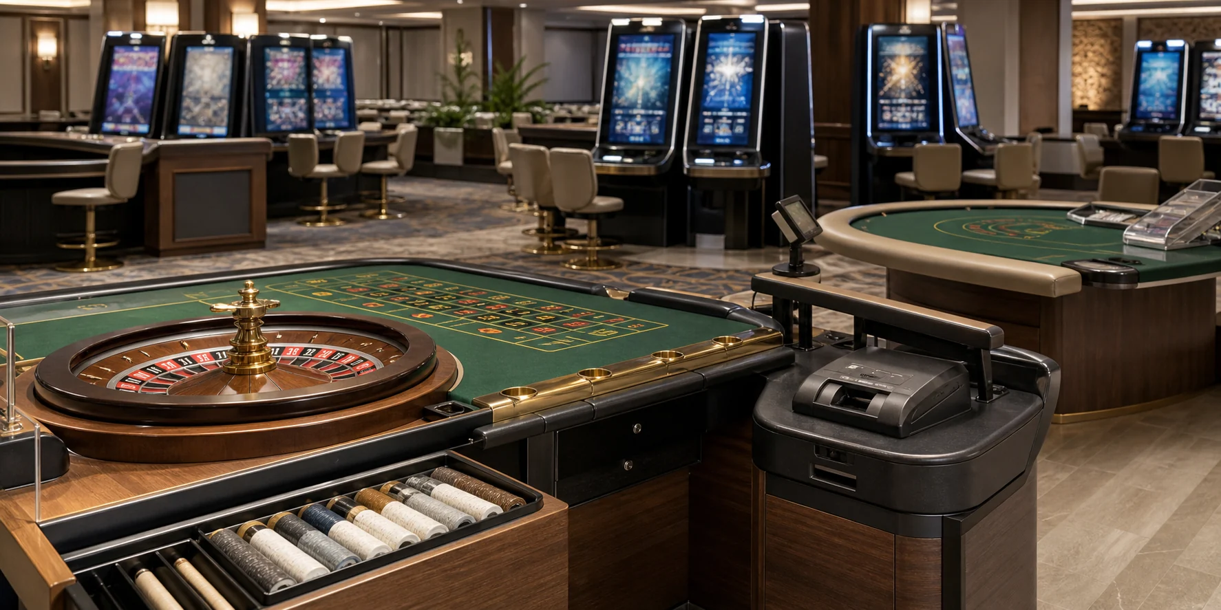 Casino roulette equipment, table game hardware and electronic gaming cabinets in a modern floor environment