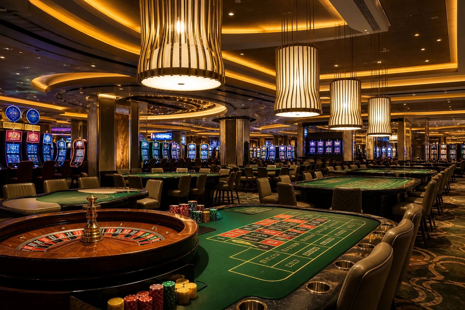 Roulette, blackjack tables and slot machines under coordinated casino lighting