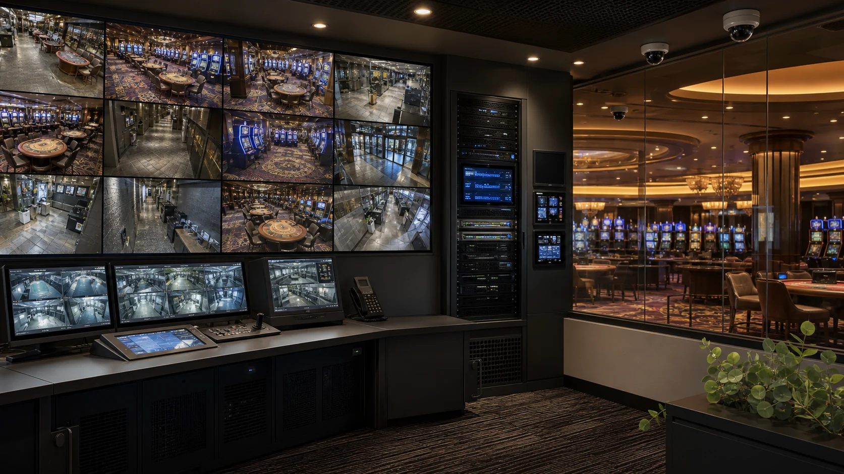 Casino security control room with video wall, access-control workstation and protected technology racks
