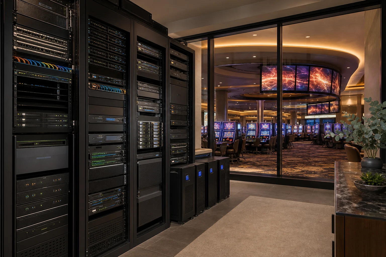 Organised casino network, server and AV equipment racks with gaming floor visible through glass