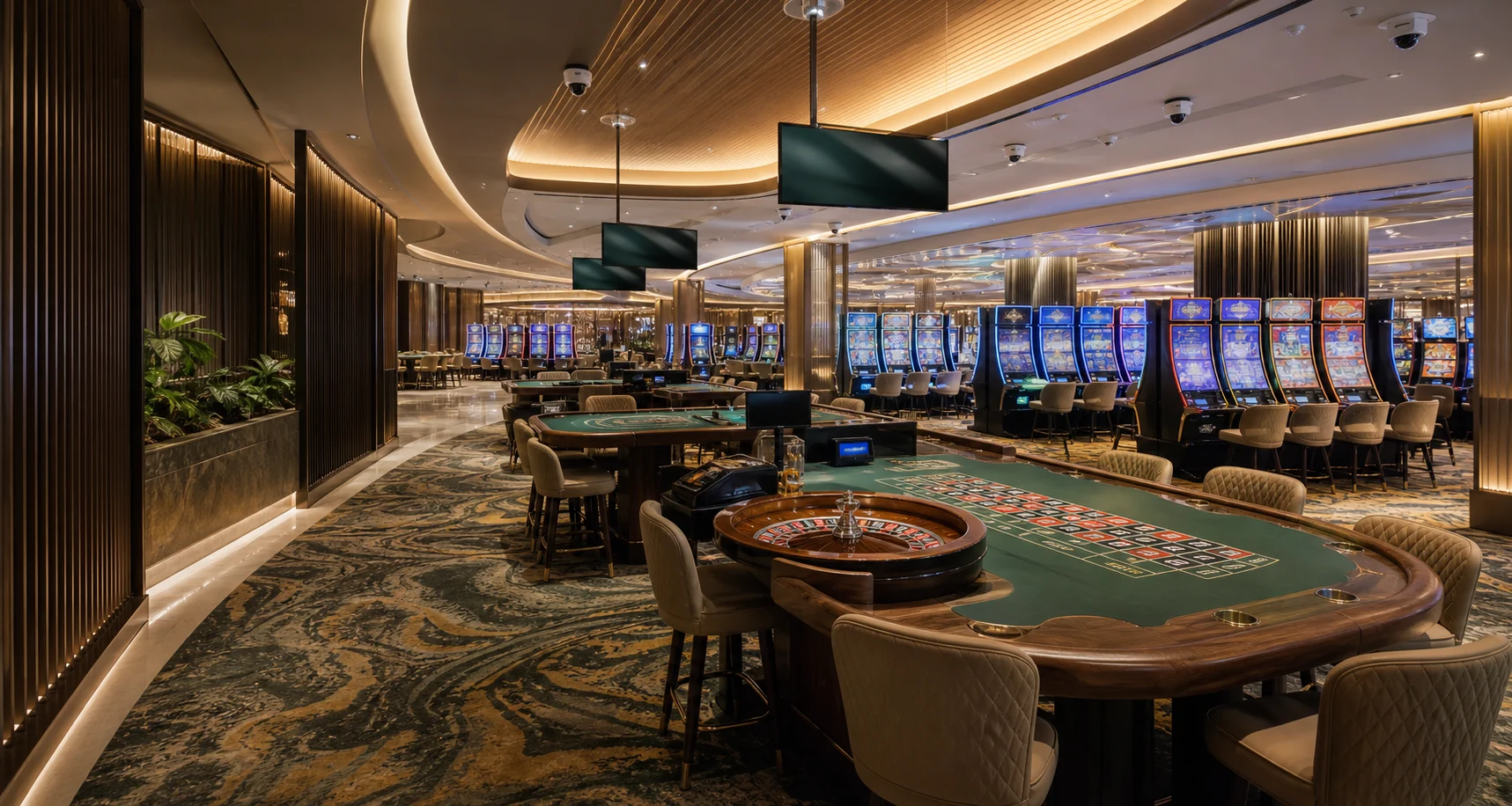 Modern casino floor with gaming tables, electronic cabinets, displays, lighting and surveillance