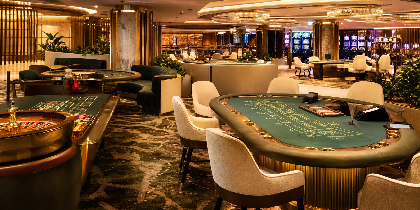 VIP casino seating arranged around roulette and table games